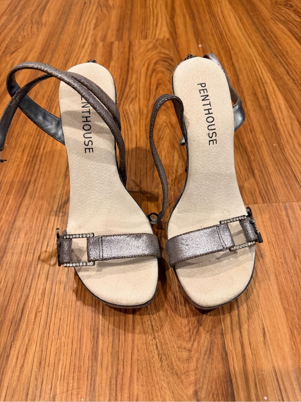 Penthouse Women's Metallic Pewter Strappy Heels with Rhinestone Buckle